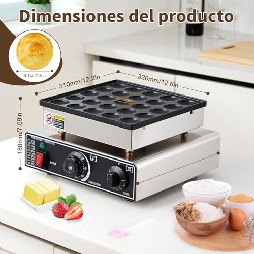 Maquina Industrial para 25 Mini Hot Cakes, Panqueques y Muffins, 900 Watts de Potencia, Perilla de Control de Temperatura y Temporizador