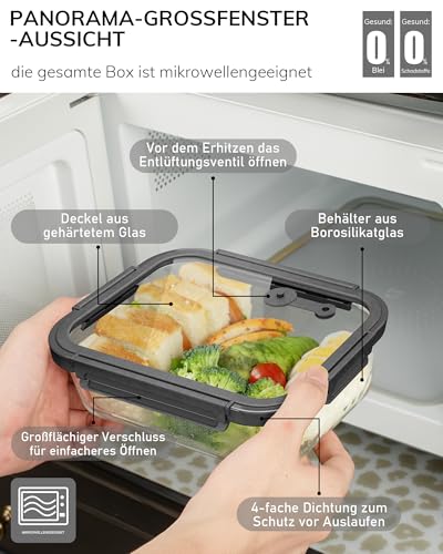 BOROHOUSE 5 Pack Borosilicate Glass Containers with Tempered Lid, 1040 ml/4.4 Cups, Airtight Meal Prep Set, Microwave/Freezer Safe/Ovenproof -20℃~510℃, Grey