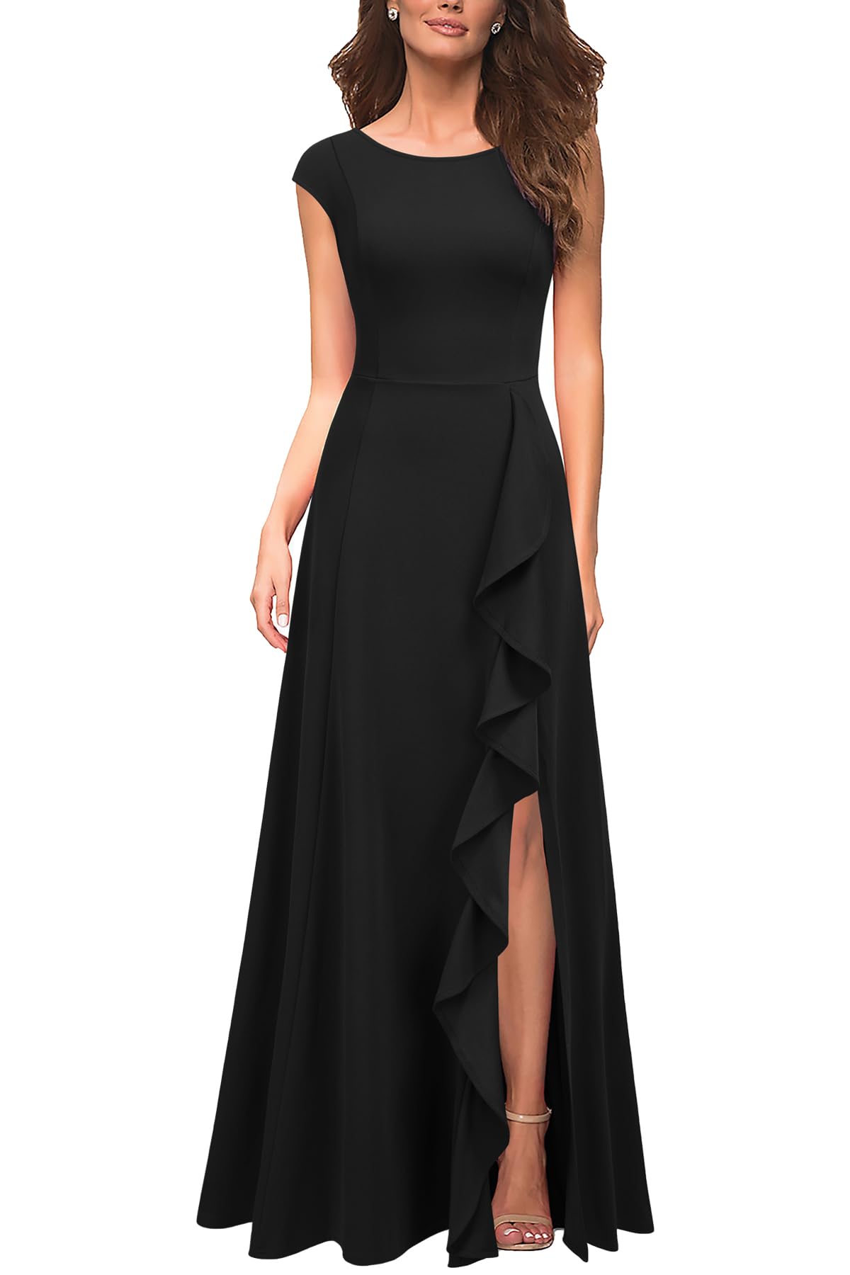 Photo 1 of MUSHARE Women's Cocktail Dresses with Pockets Ruffled Sexy Split Party Long Formal Dress Black
