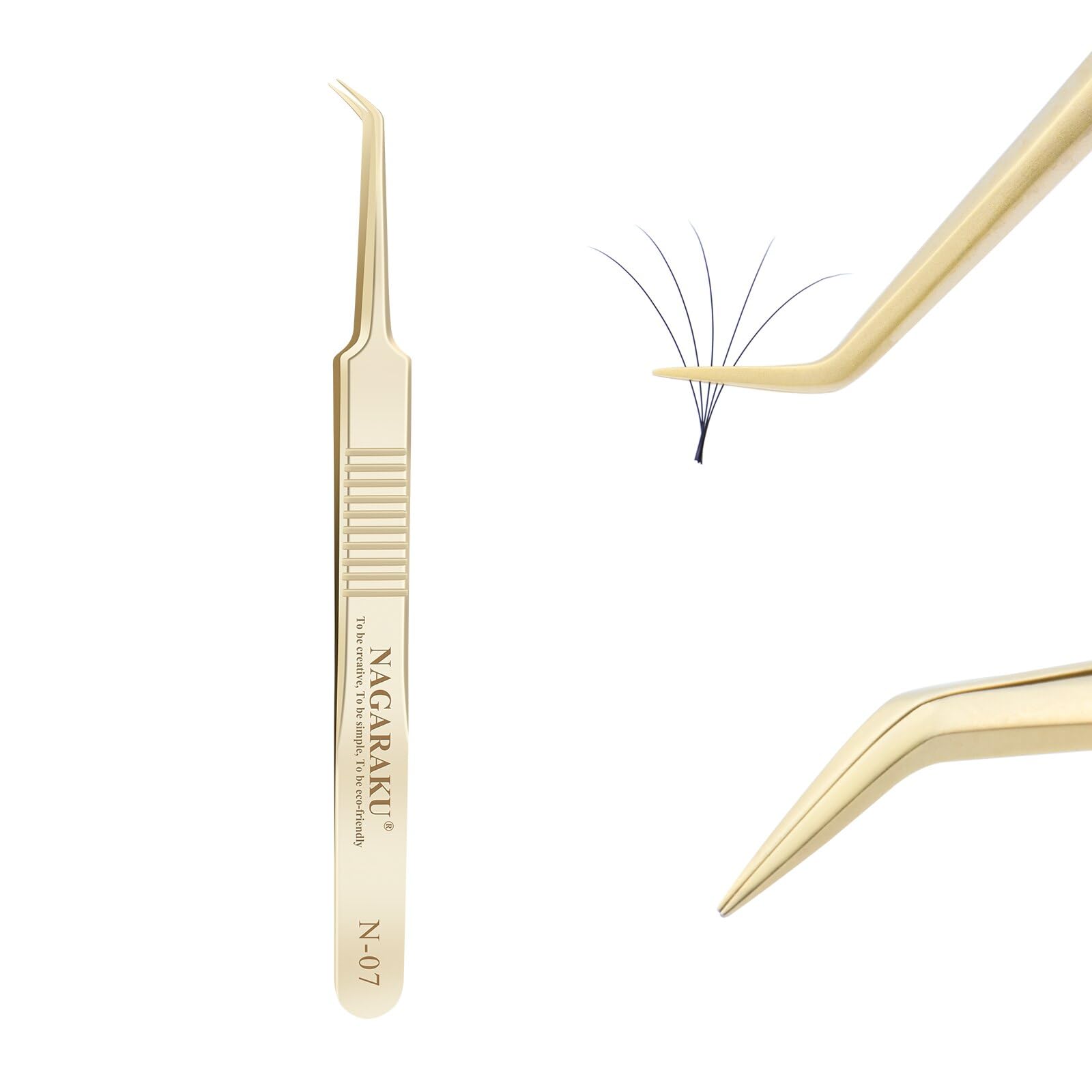 Photo 1 of NAGARAKU Tweezers for Eyelash Extensions Gold Curved Angled Volume Cluster Super Light Weight Easy Fanning Tweezers Stainless Steel Precision (N-07)