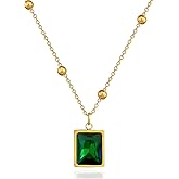 Todenb May Birthstone Necklace for Women Green Square Cubic Zirconia Pendant Necklace Titanium Steel Beaded Chain for Women