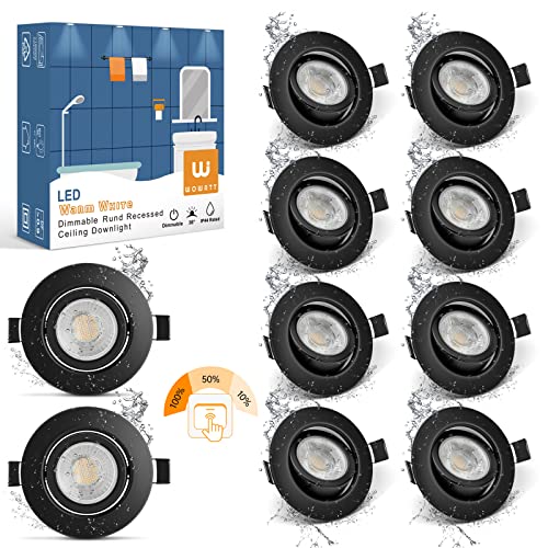 wowatt 10 LED Recessed Spotlights, 230 V, 3 Levels, Dimmable, 7 W LED Spotlights, Black, Flat, IP44 Recessed Lights, 700 lm, Replaces 70 W Halogen Recessed Spotlights, Warm White, 2800 K, Ceiling