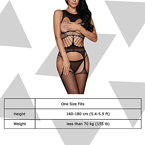 BOOMLEMON Women's Open Bust Bodystocking Crotchless Striped Lingerie Bodysuit Black - Thumbnail 3