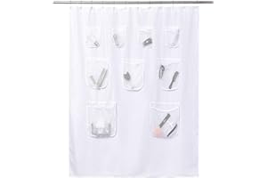 Mrs Awesome Extra-Long Fabric Shower Curtain or Liner with 9 Mesh Pocket, 71 x 84 inch, Water Repellent, Odorless, Washable and Rust Proof Grommets