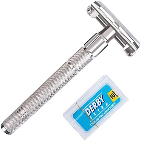 Razorless Men's Double Edge Safety Razor with 10 Derby Blades - Chrome Long Handle, Rust Free and Unbreakable
