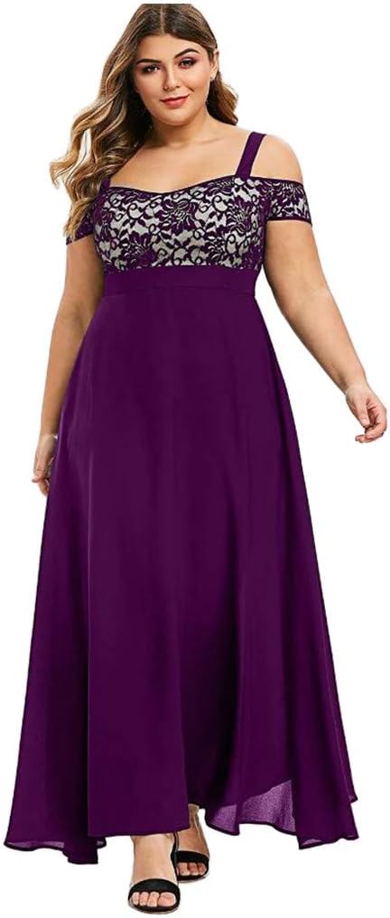 Women Plus Size Floral Print Dress Cold Shoulder Floral Lace Maxi Party Evening Camis Long Dress