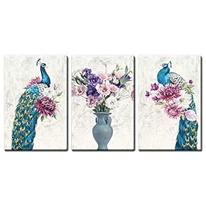 3 Panel Canvas Wall Art - Vintage Style Peacock and Flowers - Giclee Print Gallery Wrap Modern Home Art Ready to Hang - 16"x24" x 3 Panels