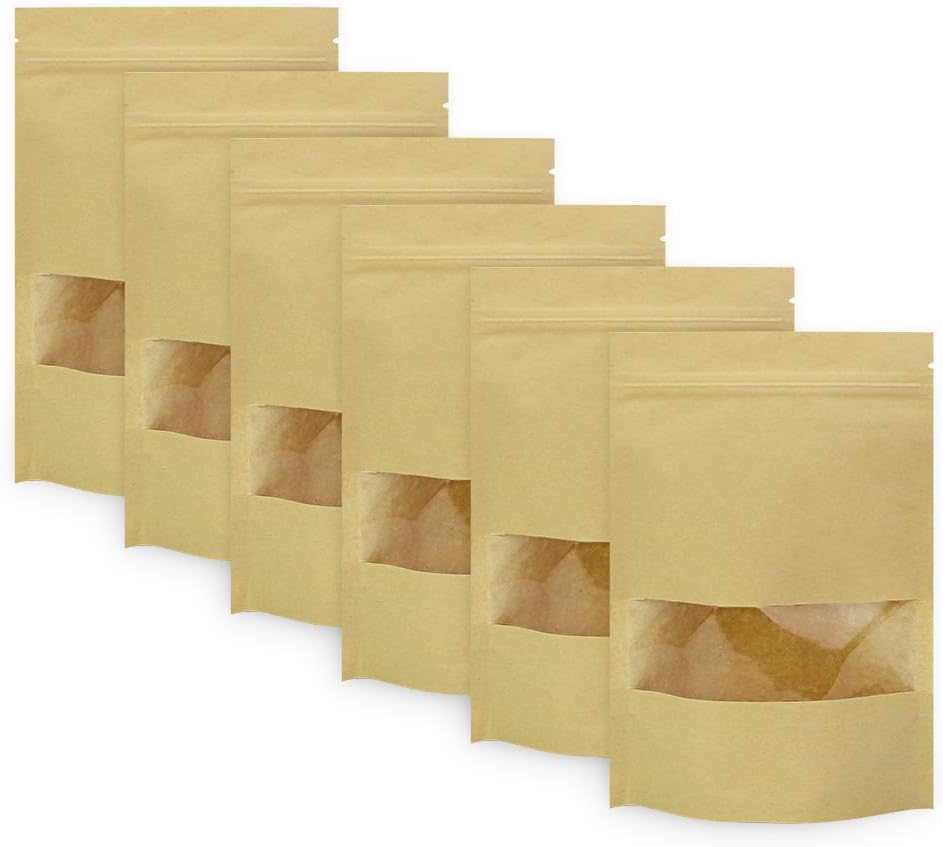 BUZIFU 50 Pcs Kraft Paper Bags with Window Sealable Paper Bags Resealable Stand Up Pouch Brown Paper Bags Waterproof Ziplock Seal Bags for Tea Candy Coffee Beans Seeds Dried Fruits Storage (14x22cm)