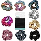 9 Pcs Hair Scrunchies and 18 Counts Black Elastics Hair Ties - Hair Bobbles Ponytail Holder Elastics Hair Scrunchy Hair Bands Shiny and Velvet Scrunchies for Woman Girls