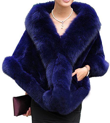 Helan Women's Luxury Soft Rex Rabbit Fur Shawl with Fox Fur Collar