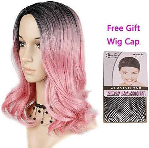 HANNE Ombre Pink Short Hair None Lace Synthetic Wigs for Black Women Middle Part Glueless Body Wave Pink Hair Heat Resistant Fiber Wigs(Black/Pink)