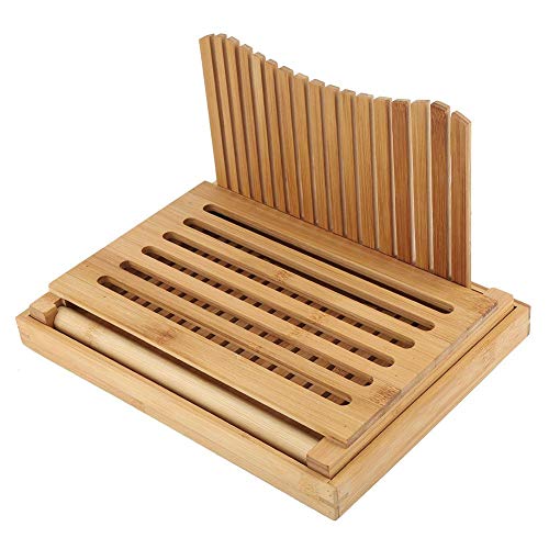 Bread Slicer Cutting Guide, Premium Bamboo Foldable Bread Cutter Bagels/Loaf Cakes/Sandwich Slicer with Crumb Catching Tray for Home and Commercial