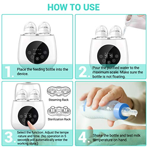 Baby Bottle Warmer Steam Sterilizer, EIVOTOR 6 in 1 Double Bottle Baby Bottle Warmer, LED Display & Baby Food Rapid Heater Warm Milk Formula Heat Food Defrost, BPA Free