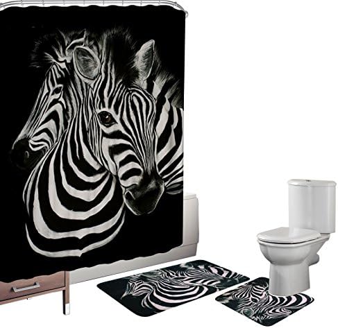 Amagical 15 Piece Black and White Zebra Pattern Bathroom Rubber Backing Rug Contour Mat Bath Mats Set with Fabric Matching Shower Curtain & Hooks