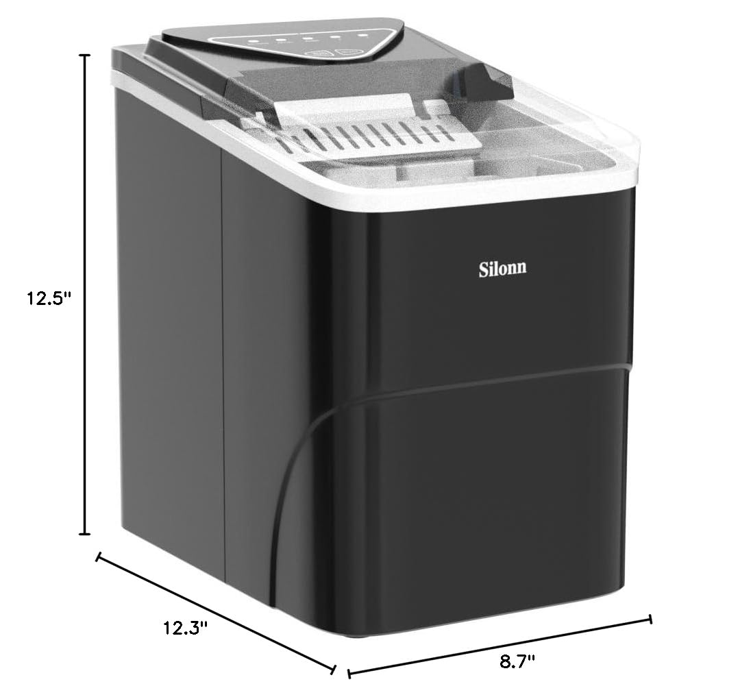 Silonn Ice Makers Countertop, 9 Cubes Ready in 6 Mins, 26lbs in 24Hrs, Self-Cleaning Ice Machine with Ice Scoop and Basket, 2 Sizes of Bullet Ice for Home Kitchen Office Party