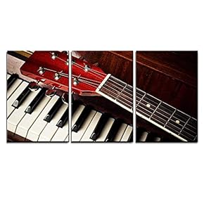 3 Piece Canvas Wall Art - Acoustic Guitar Neck on Piano Keys - Modern Home Art Stretched and Framed Ready to Hang - 16"x24"x3 Panels