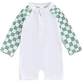 Lesimsam Toddler Baby Boy Swimsuit Checkered Patchwork Long Sleeve One Piece Zipper Bathing Suit Rash Guard Swimwear Sunsuit