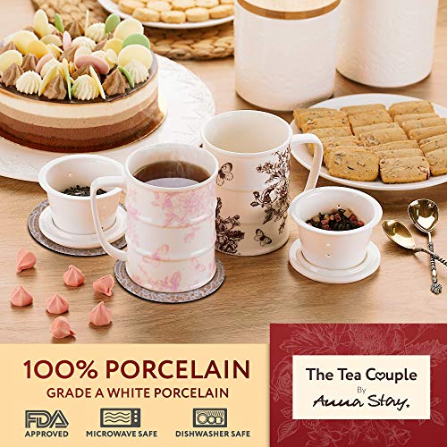The Tea Couple Tea Infuser Mug (Set of 2) 14 oz.Vintage Porcelain Tea Cups with Ultra-Fine Mesh for Steeping - 2 ,Non-Slip Drink Coasters - Reusable Home & Office Drinkware (Vintage Butterfly)