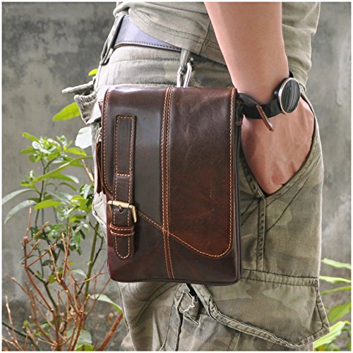 Le'aokuu Mens Genuine Leather Coffee Fanny Small Messenger Shoulder Satchel Waist Bag Pack (Coffee 2)