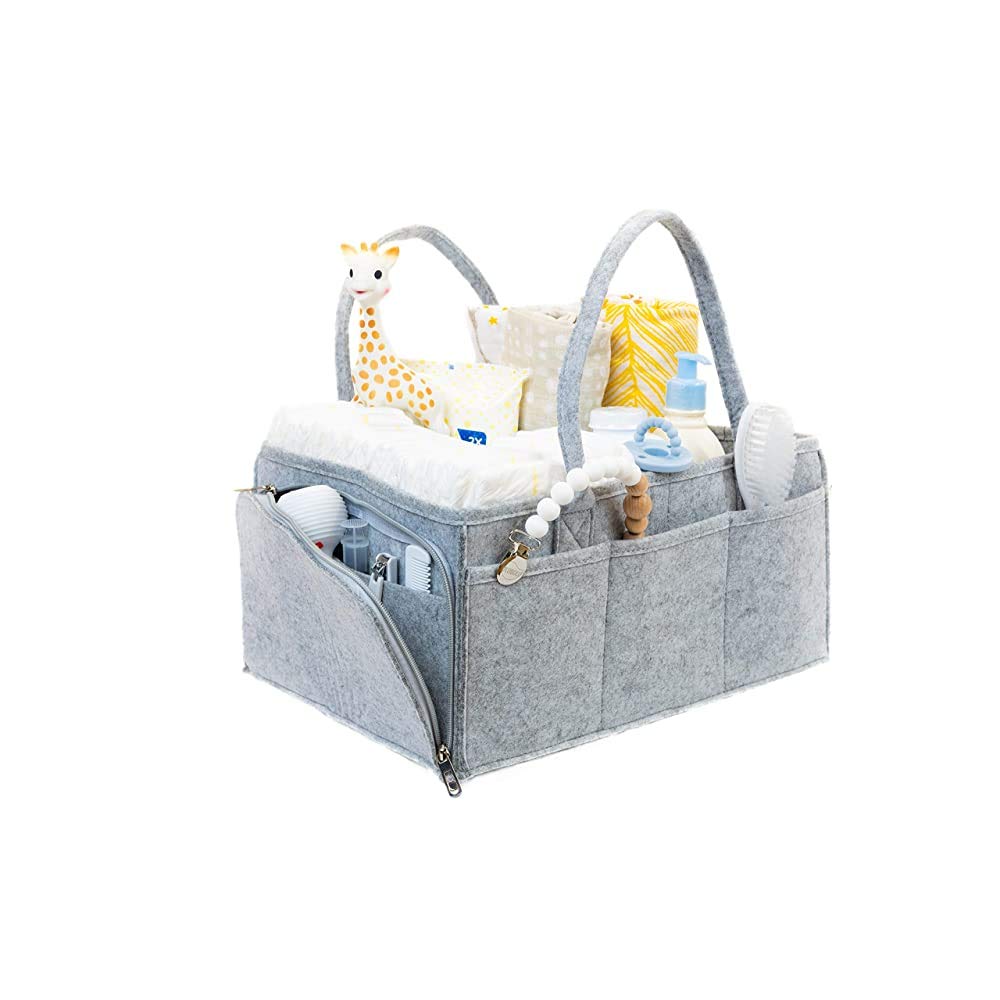 Copiel Baby Diaper Basket, Portable Nursery Storage Bin Felt Basket with Changeable Compartments, Car Travel Bag, Baby Wipes Bag Grey
