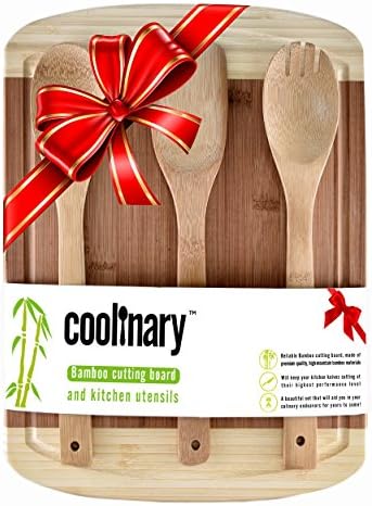 Best Wedding gift idea & Housewarming Present - Bamboo Cutting Board with 3 Bonus Kitchen Utensils - Wooden Spoons, Wooden Spatula & Fork