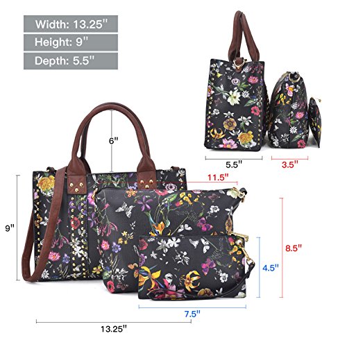 Women Handbag 3 Pieces Set Leather Shoulder Bag Satchel Purse 3 in 1 Simple Design Black Floral/Coffee