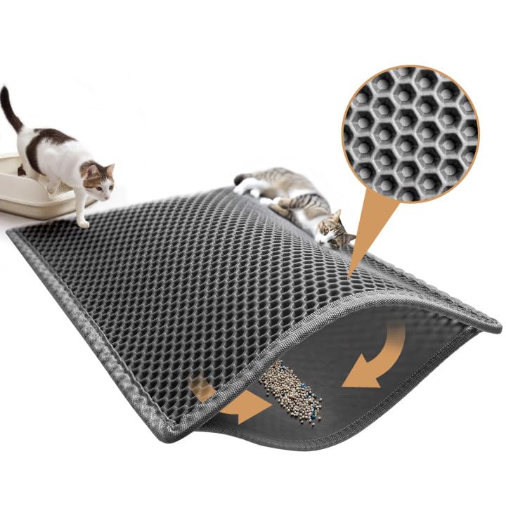 Pieviev Katzenklo Matte Xxl, 89X61Cm Katzenstreu Matte, Großer Katzenklo Unterleger Im Wabendesign, Wasserdichte Unterlage Für Katzentoilette, Doppelter Eva Vorleger Zum Sammeln Von Katzenstreu, Grau