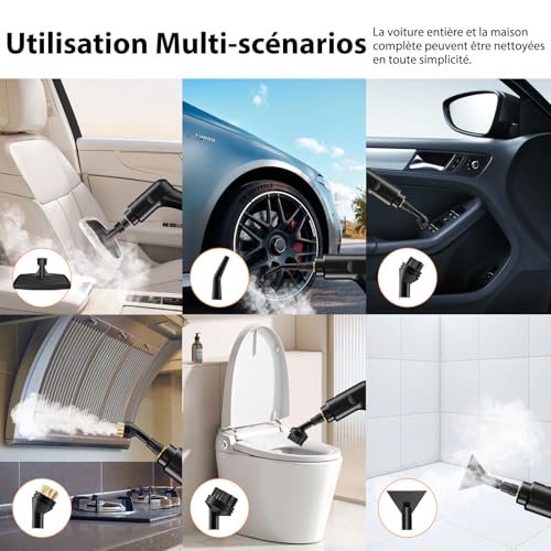 Nettoyeur Vapeur, Nettoyeur Vapeur Portable, Chauffe Rapide en 15s, 3 Niveaux de Réglage, 1,4L Steam Cleaner, Nettoyeur Vapeur Haute Pression Pour Maison, Cuisine, Salle de Bain, Auto, Sols, Meubles