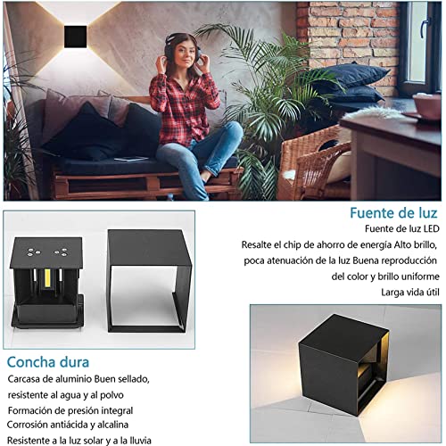 Sunsign lampara exterior pared, 12W lampara de pared, iluminación led modernos, Ángulo de haz ajustable hacia arriba y hacia abajo, IP65 impermeable, 2 pieza, negro(luz calida)