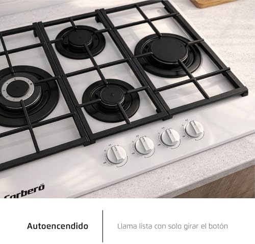 Corberó - Placa Gas Cristal LUX | CPCGM4F4126W | 4 Zonas | Potencia 8.05kW | Autoencendido | Zona WOK | Capa protección Clean + | Desconexión Automática | Cristal Blanco