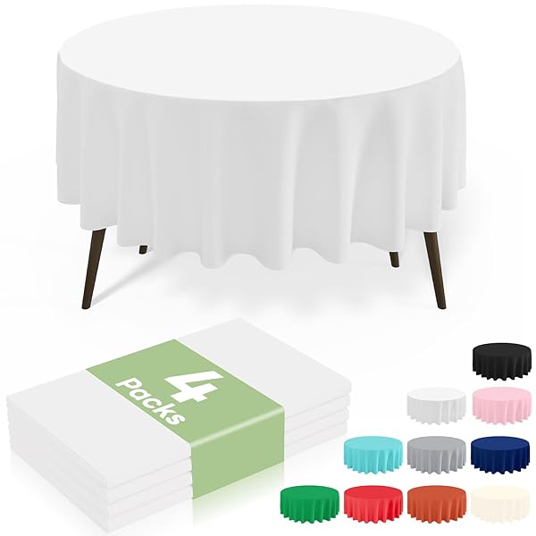 MISAYA 4 PACKS DISPOSABLE PLASTIC TABLE CLOTH, 84″ ROUND WATERPROOF TABLECLOTH, LEAKPROOF & STURDY DECORATIVE TABLE COVERS FOR PICNIC, PARTY AND OUTDOOR, WHITE