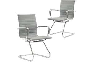 Wahson Office Guest Chairs No Wheels & Reception Chairs, Leather Waiting Room Chairs Mid Back Conference Chairs with Sled Base for Meeting/Lobby/Restroom, Grey (2 Pack)