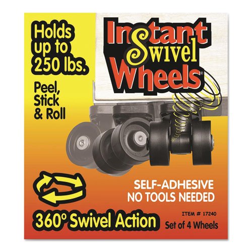 RollArounds Instant Swivel Wheels, Self-Adhesive, 250 lbs/Set, Black, 4/Set (17240)