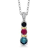 Gem Stone King 925 Silver and 10K Yellow Gold Round Blue Diamond Red Created Ruby and Black Onyx Pendant Necklace For Women (0.62 Cttw, Gemstone April Birthstone, with 18 Inch Chain)