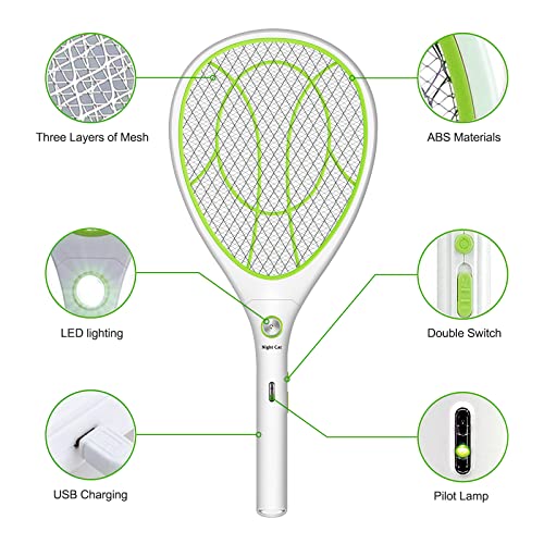 Night Cat Fly Zapper Electric Fly Killer Swatter 3000V Mosquito Bug Wasp Insect Fruit Zapper Swat Bat Racket Trap Indoor USB Rechargeable