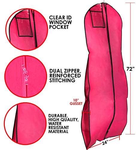 Gusseted Garment Bag - For Prom Dresses and Bridal Wedding Gowns - Travel Folding Loop, ID Window - 72" x 24" - Hot Pink and Black Trim - 2017 Collection by Your Bags - Thumbnail 3