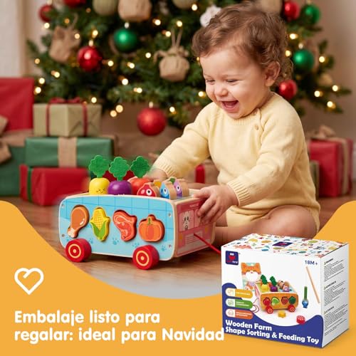 hahaland Montessori Toys 1 Year of Wood, 5 in 1 Educational Activities | Shape Sorting, Magnetic Fishing & Feeding Set, Carrot Harvest, Baby Gift 1-3 Years