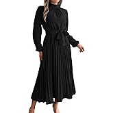 ChiaoLezhee Pleated Maxi Dress, Mock Neck A Line, Fall Holiday, Long Sleeve Modest Business Casual Flowy Dresses for Women