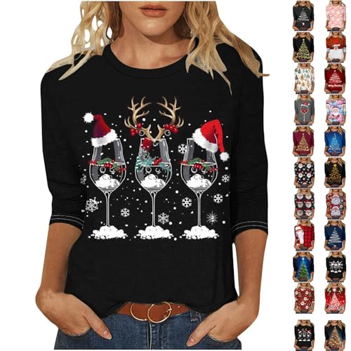 Nuaoxyeu Ladies Jumpers Christmas Jumpers for Women Plus Size Xmas Printed Sweaters 3/4 Sleeve Crewneck Pullover Funny Casual Sweatshirts Baggy Gym Shirt Womens Sweatshirts with no Hood