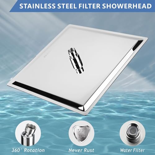 Voolan Rain Shower Head and Shower Filter Set, High Pressure Shower Heads Made of Stainless Steel, Filter Cartridge for Hard Water (25 cm, Square)