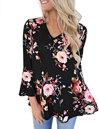 Kavitoz Women Autumn Casual Floral Printing Plus Size Long Flare Sleeve Tops T-Shirt Blouse