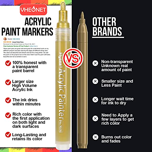 VHEONET Acrylic Paint Pens, 6 Pack (3 Gold 3 Silver) 3mm Permanent Painting Markers DIY Craft for Rock Ceramic Glass Wood Plastic Canvas Fabric Mug, Quick Dry, High Volume Ink