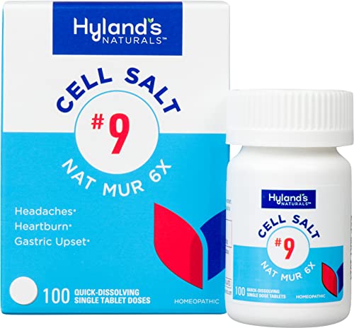Hyland's No. 9 Cell Salt Nat Mur 6X Tablets, Relief of Headache, Constipation, Heartburn, and Bloating, Natural Remedy for Water Retention, Indigestion, Colds, Gastric Upset, 100 Count
