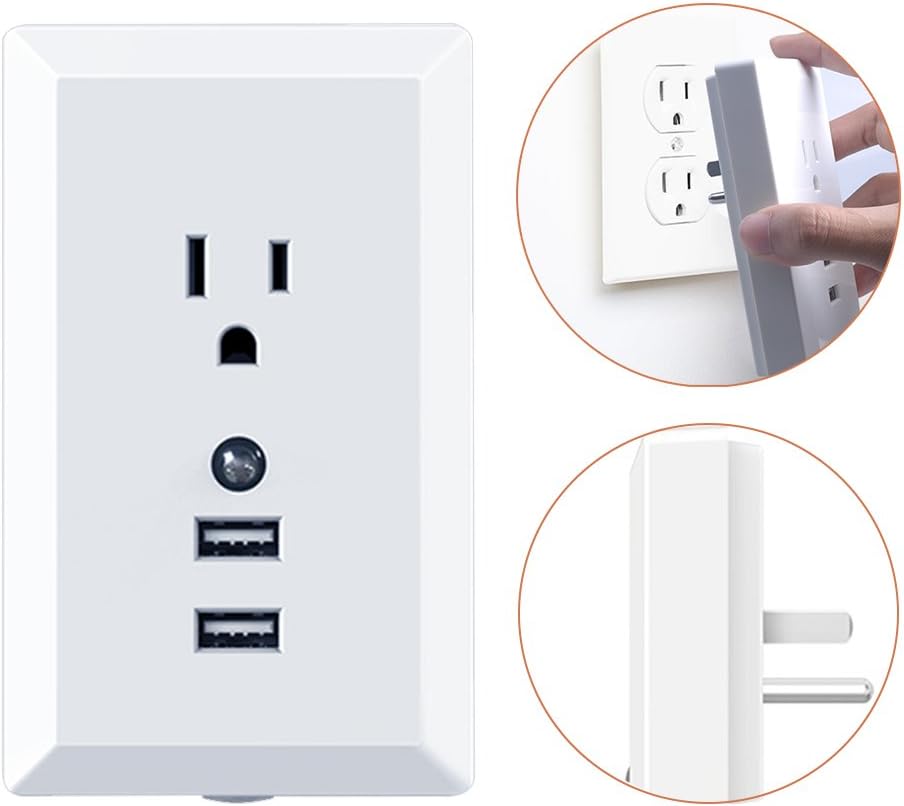 Multi Wall Outlet Plug Adapter, Plug-in Night Light, Warm White LED Nightlight, Dusk-to-Dawn Sensor with 2.4A Dual USB Charging Ports, Bedroom, Bathroom, Kitchen, Hallway, Stairs