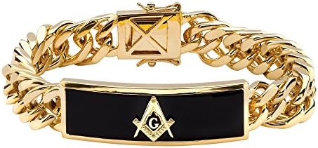 Men's Genuine Black Onyx 14k Gold-Plated Masonic Curb-Link Bracelet 8"