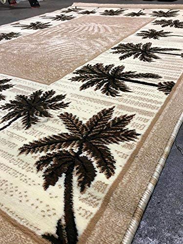 Palm Tree Modern Area Rug Tropical Beige & Green Design 729 (8 Feet X 10 Feet)
