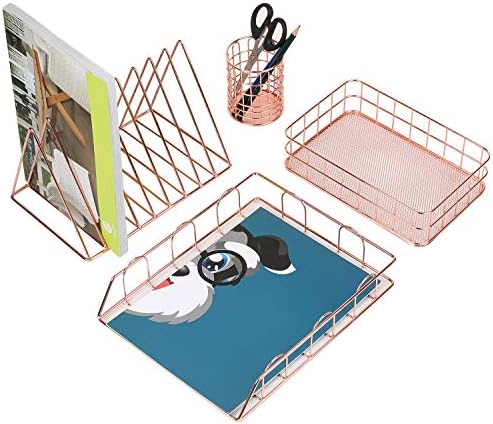 Metal Storage Baskets, Iron Hollow Makeup Brush Holder, 4-Pack Desktop Organiser Set, Mesh Wire Basket Set, Multi-Purpose Desktop Organizer for Office & Home - (Rose Gold)