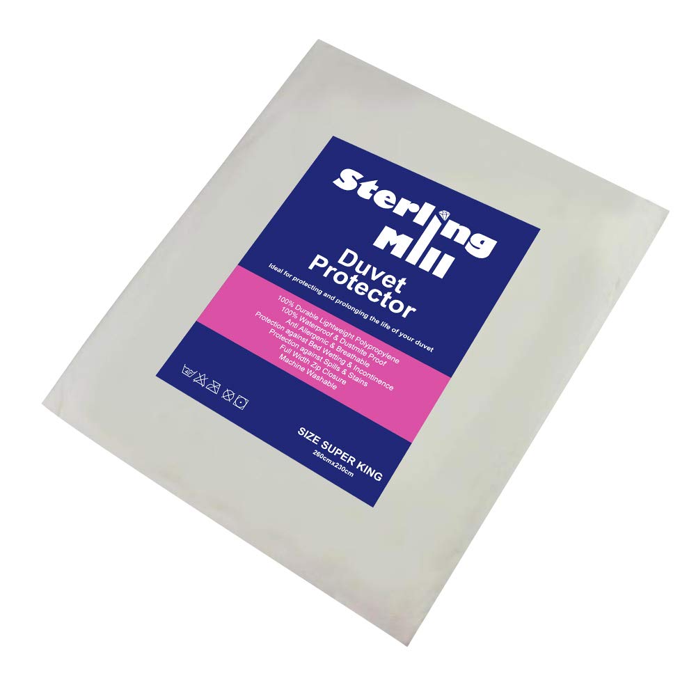 STERLING MILL WATERPROOF ANTI ALLERGY ZIPPED QUILT DUVET PROTECTOR COVER SINGLE DOUBLE KING SUPERKING (Super King, White)