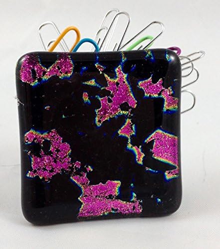 Kiln Fired Fused Dichroic Glass Black and Pink Paper Clip Magnetic Holder