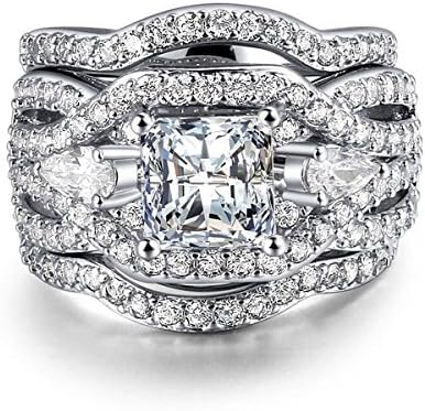 Rhodium Plated Princess Cut Diamond Halo Cubic Zirconia CZ Infinity Wedding Bridal Ring Set (10)